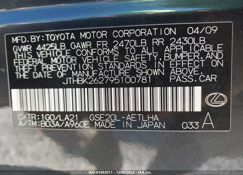 2009 LEXUS IS 250 VIN: JTHBK262795100781