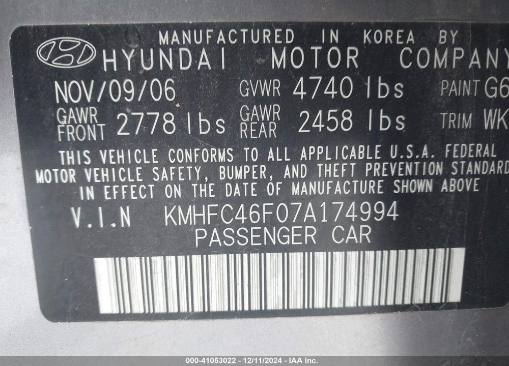 2007 HYUNDAI AZERA LIMITED/SE VIN: KMHFC46F07A174994