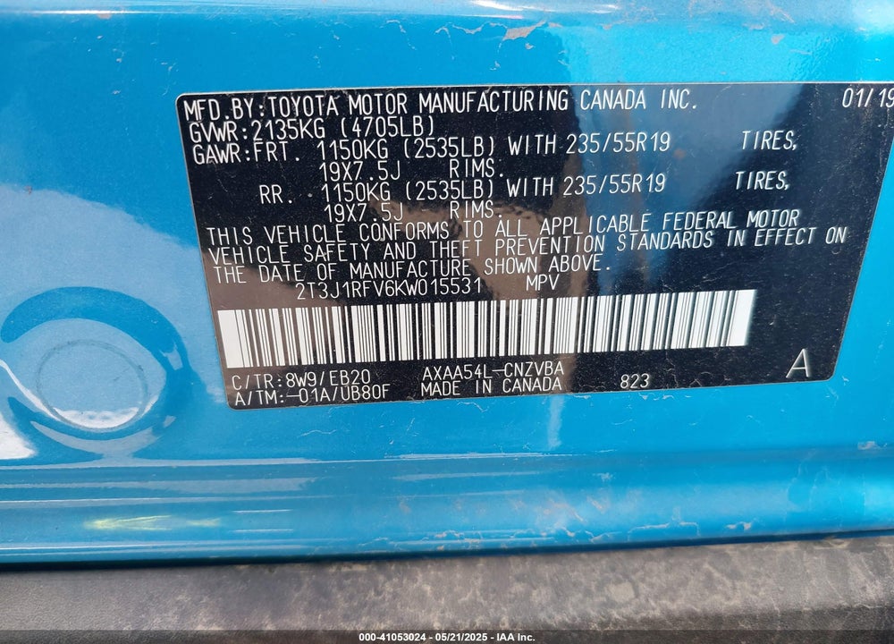 2019 TOYOTA RAV4 VIN: 2T3J1RFV6KW015531