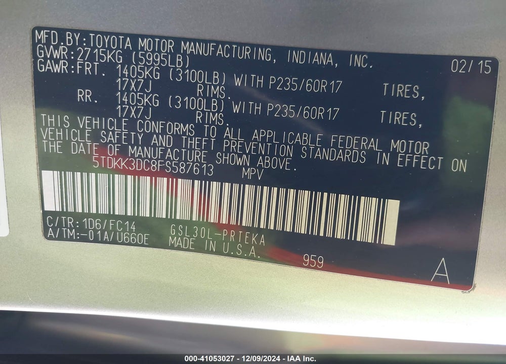 2015 TOYOTA SIENNA LE 8 PASSENGER VIN: 5TDKK3DC8FS587613