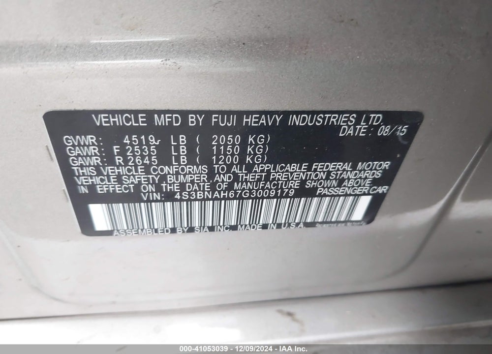 2016 SUBARU LEGACY 2.5I PREMIUM VIN: 4S3BNAH67G3009179