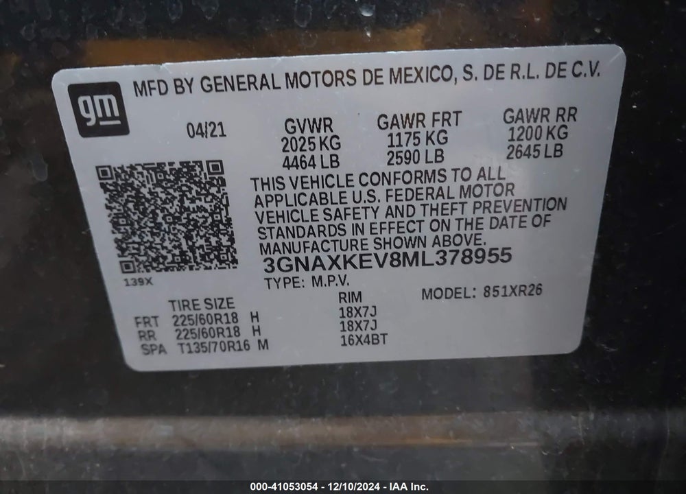 2021 CHEVROLET EQUINOX FWD LT VIN: 3GNAXKEV8ML378955