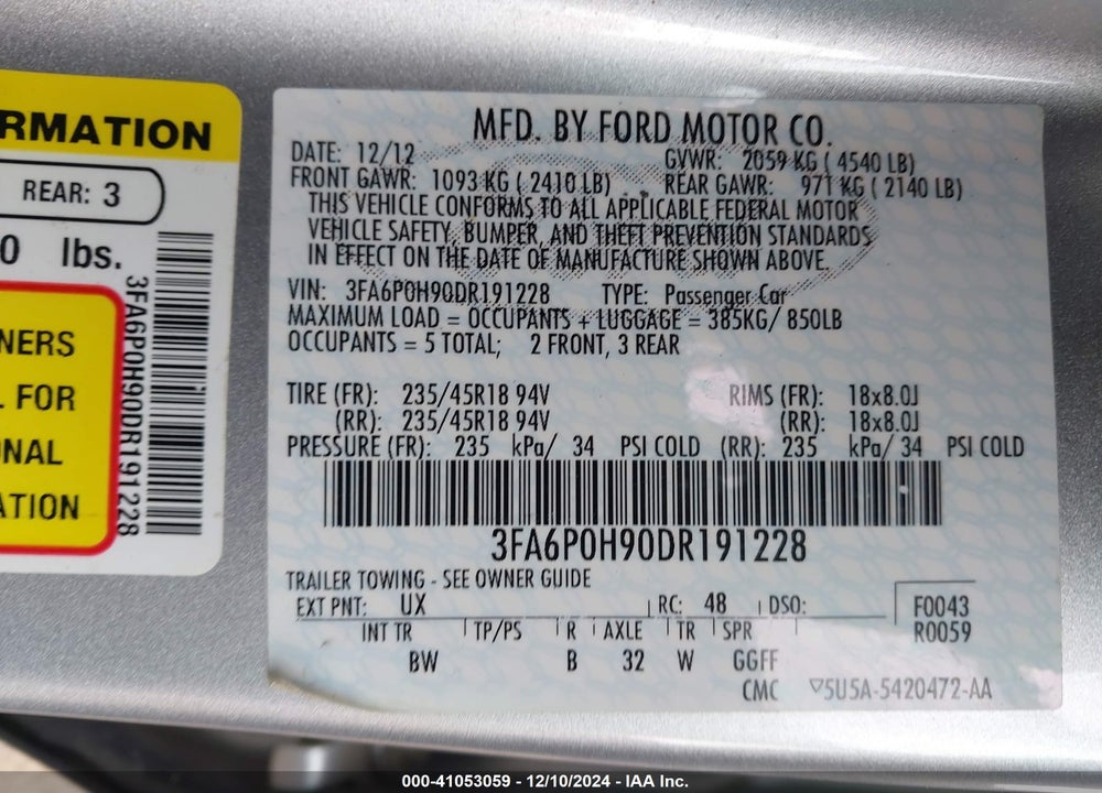 2013 FORD FUSION VIN: 3FA6P0H90DR191228
