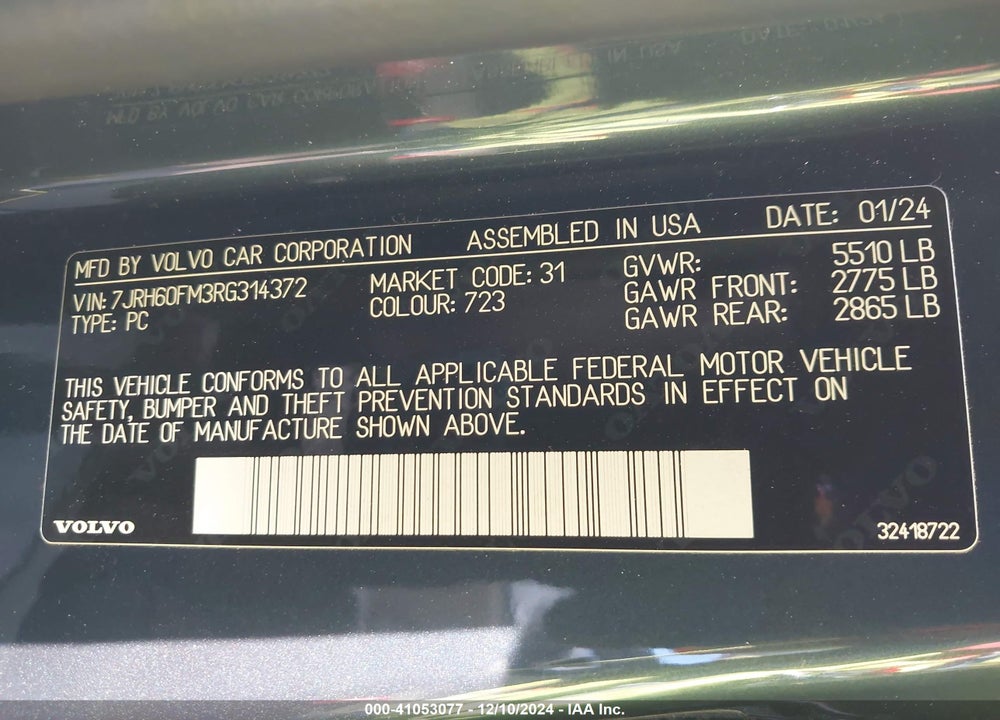 2024 VOLVO S60 RECHARGE PLUG-IN HYBRID VIN: 7JRH60FM3RG314372