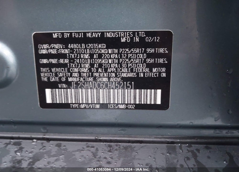2012 SUBARU FORESTER 2.5X PREMIUM VIN: JF2SHADC6CH452151
