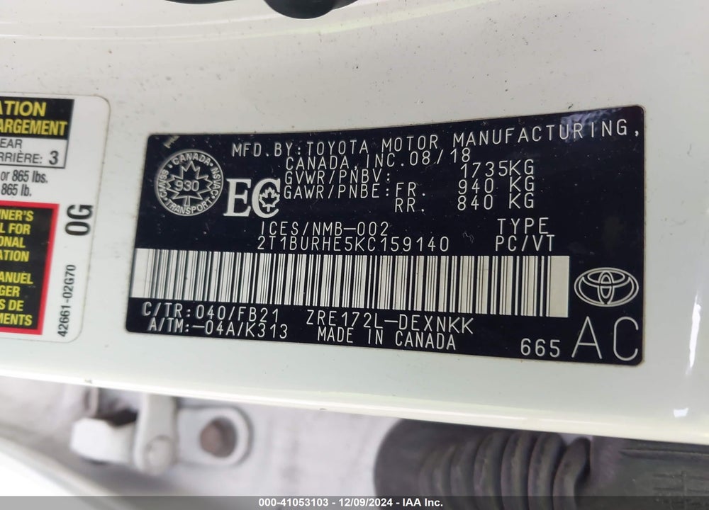 2019 TOYOTA COROLLA VIN: 2T1BURHE5KC159140