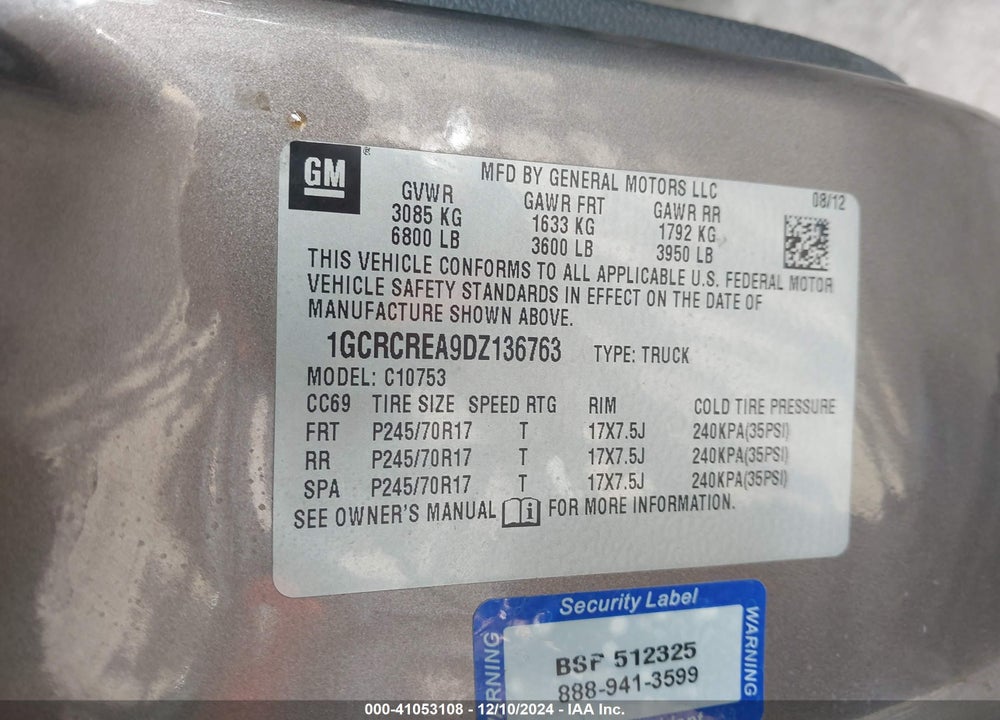 2013 CHEVROLET SILVERADO 1500 VIN: 1GCRCREA9DZ136763