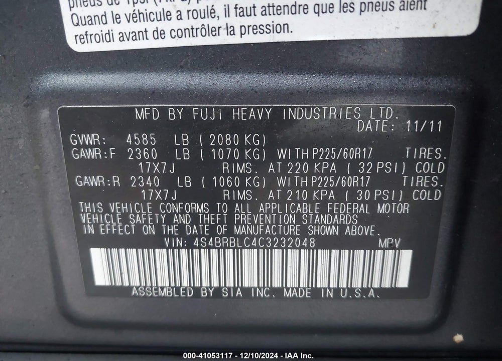 2012 SUBARU OUTBACK 2.5I LIMITED VIN: 4S4BRBLC4C3232048