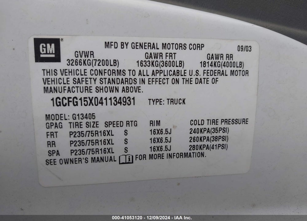2004 CHEVROLET EXPRESS VIN: 1GCFG15X041134931