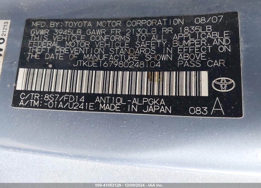 2008 SCION TC VIN: JTKDE167980248104