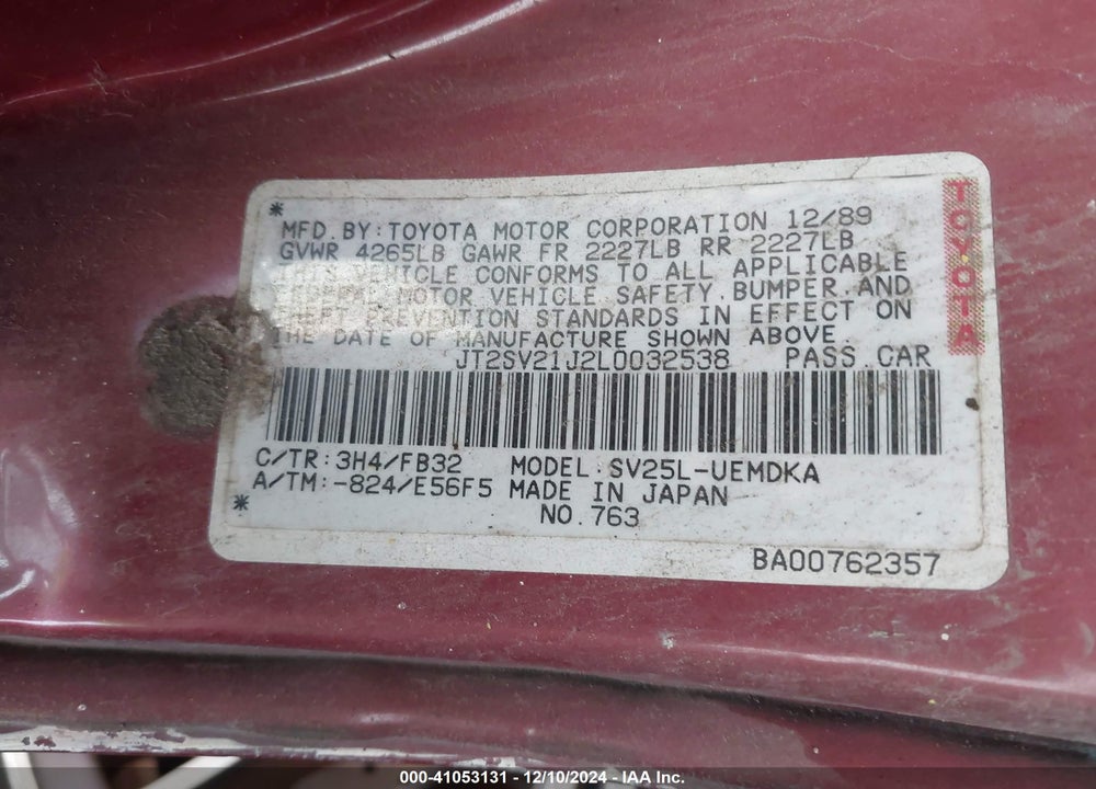 1990 TOYOTA CAMRY DLX VIN: JT2SV21J2L0032538