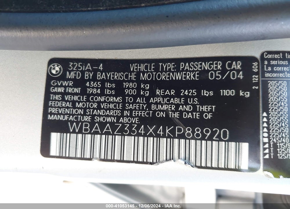 2004 BMW 325I VIN: WBAAZ334X4KP88920