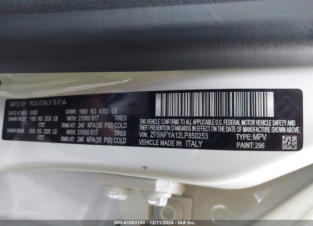 2020 FIAT 500X POP AWD VIN: ZFBNFYA12LP850253