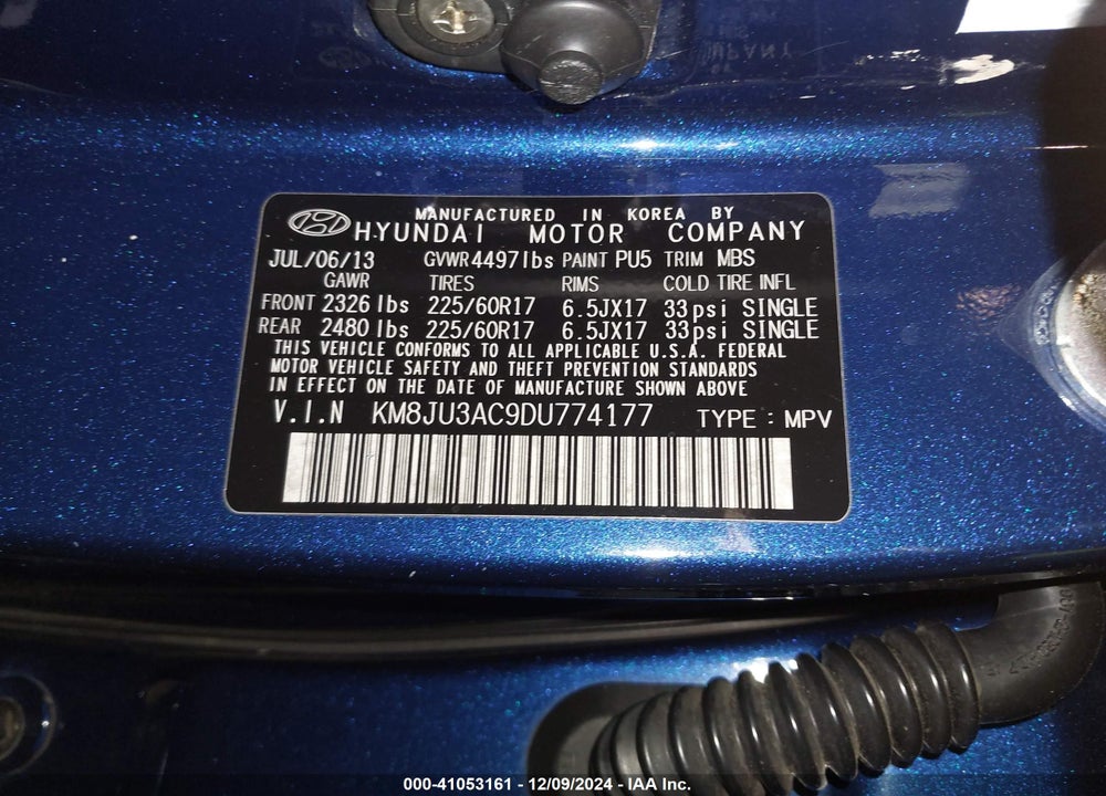 2013 HYUNDAI TUCSON GLS VIN: KM8JU3AC9DU774177