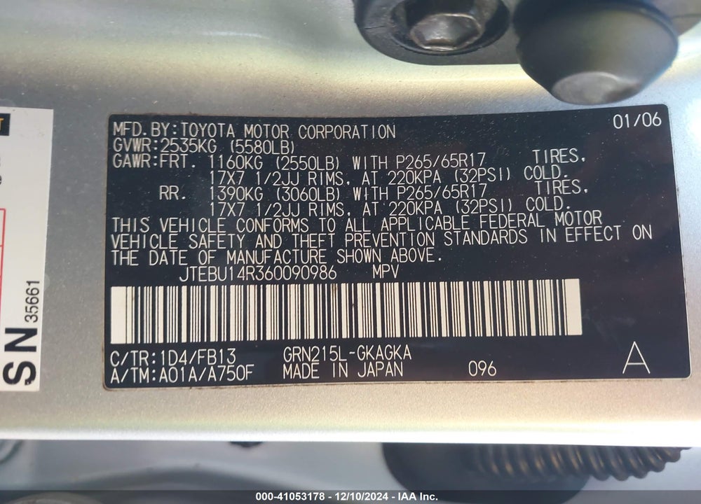 2006 TOYOTA 4RUNNER SR5 SPORT V6 VIN: JTEBU14R360090986
