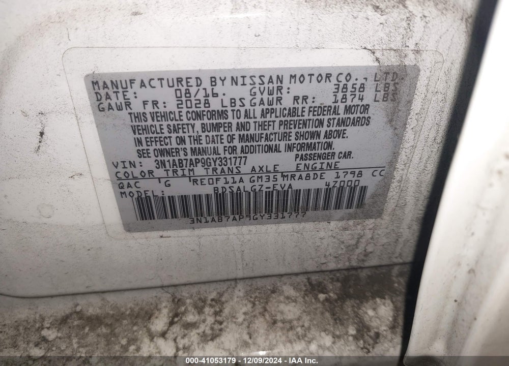 2016 NISSAN SENTRA VIN: 3N1AB7AP9GY331777