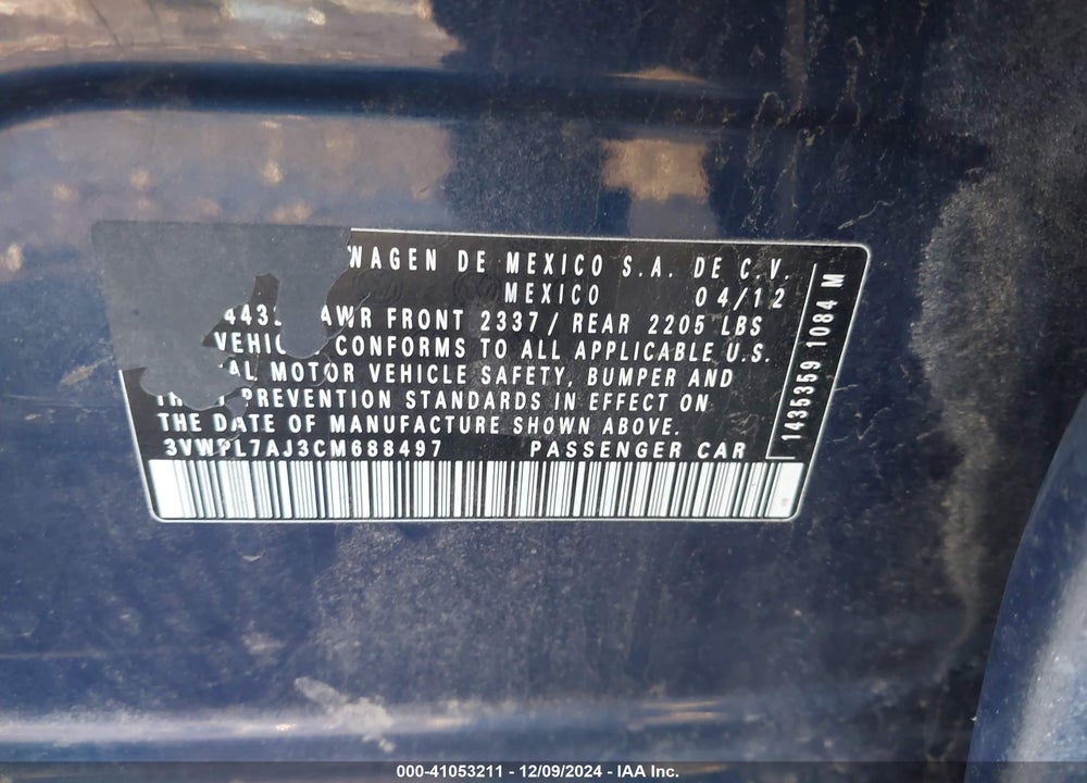 2012 VOLKSWAGEN JETTA SPORTWAGEN 2.0L TDI VIN: 3VWPL7AJ3CM688497