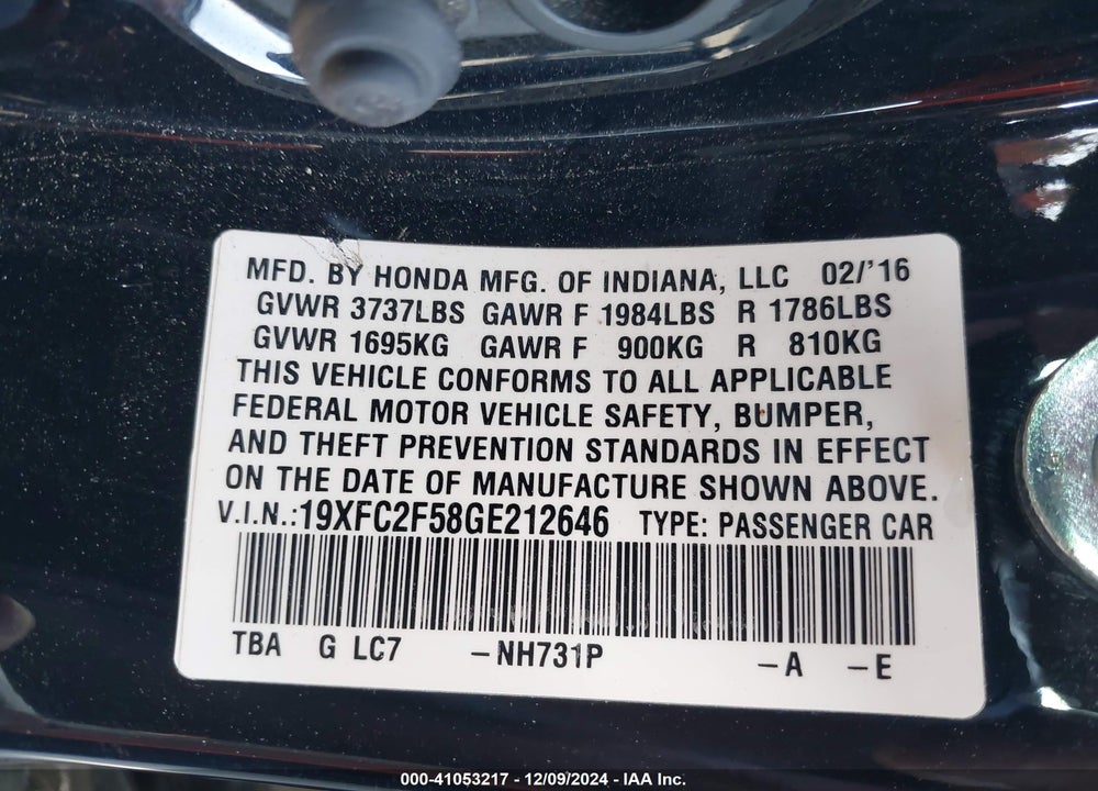 2016 HONDA CIVIC LX VIN: 19XFC2F58GE212646