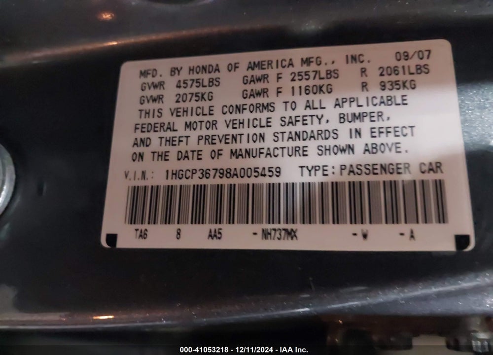 2008 HONDA ACCORD 3.5 EX VIN: 1HGCP36798A005459