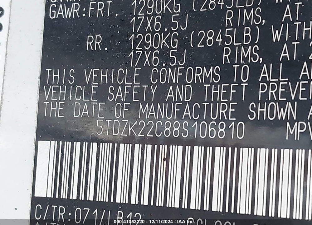 2008 TOYOTA SIENNA XLE VIN: 5TDZK22C88S106810