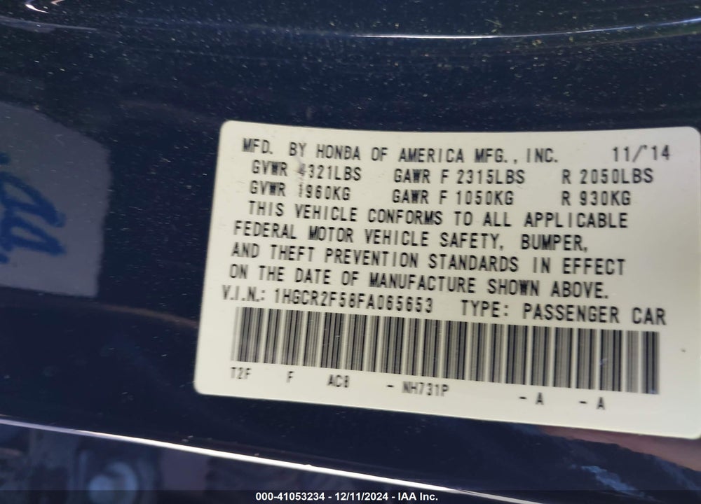 2015 HONDA ACCORD SPORT VIN: 1HGCR2F58FA065653