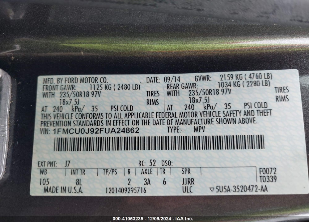 2015 FORD ESCAPE TITANIUM VIN: 1FMCU0J92FUA24862
