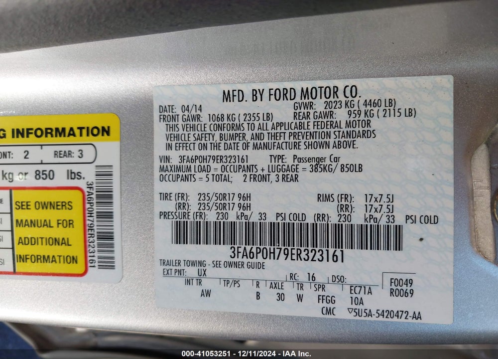 2014 FORD FUSION SE VIN: 3FA6P0H79ER323161