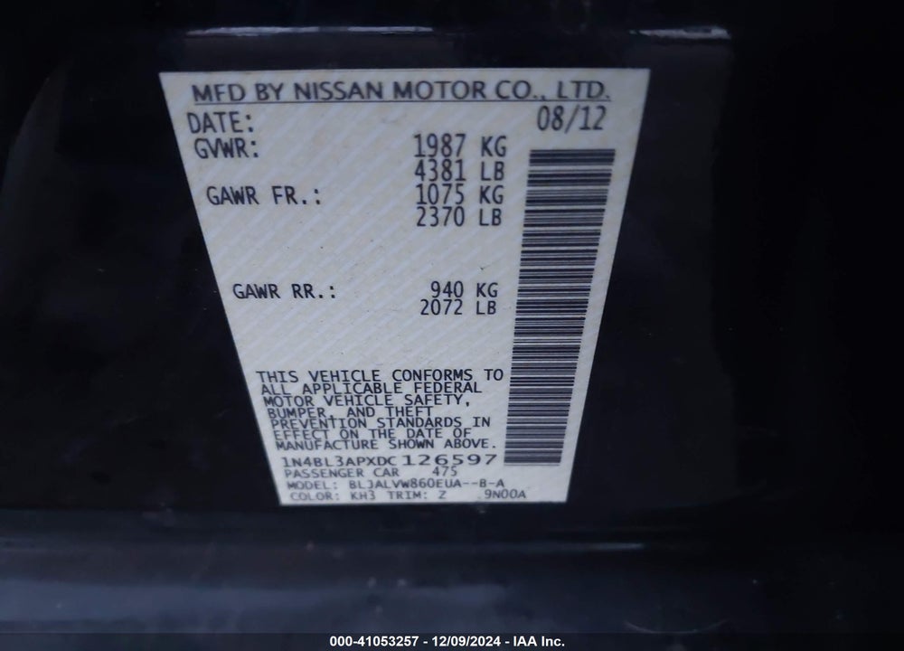 2013 NISSAN ALTIMA VIN: 1N4BL3APXDC126597