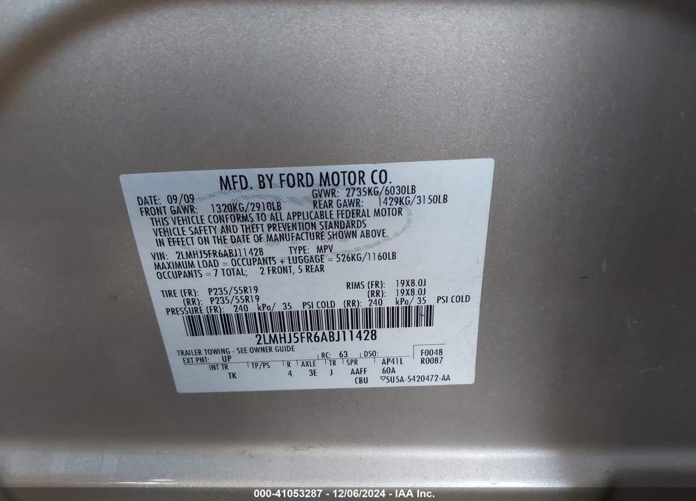 2010 LINCOLN MKT VIN: 2LMHJ5FR6ABJ11428