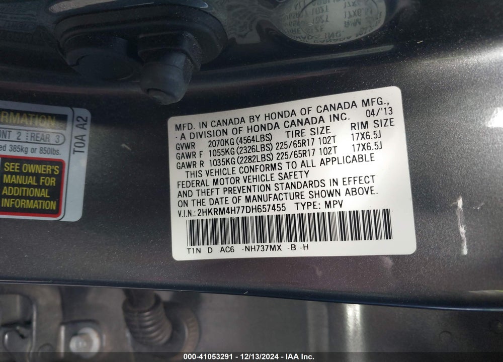 2013 HONDA CR-V EX-L VIN: 2HKRM4H77DH657455