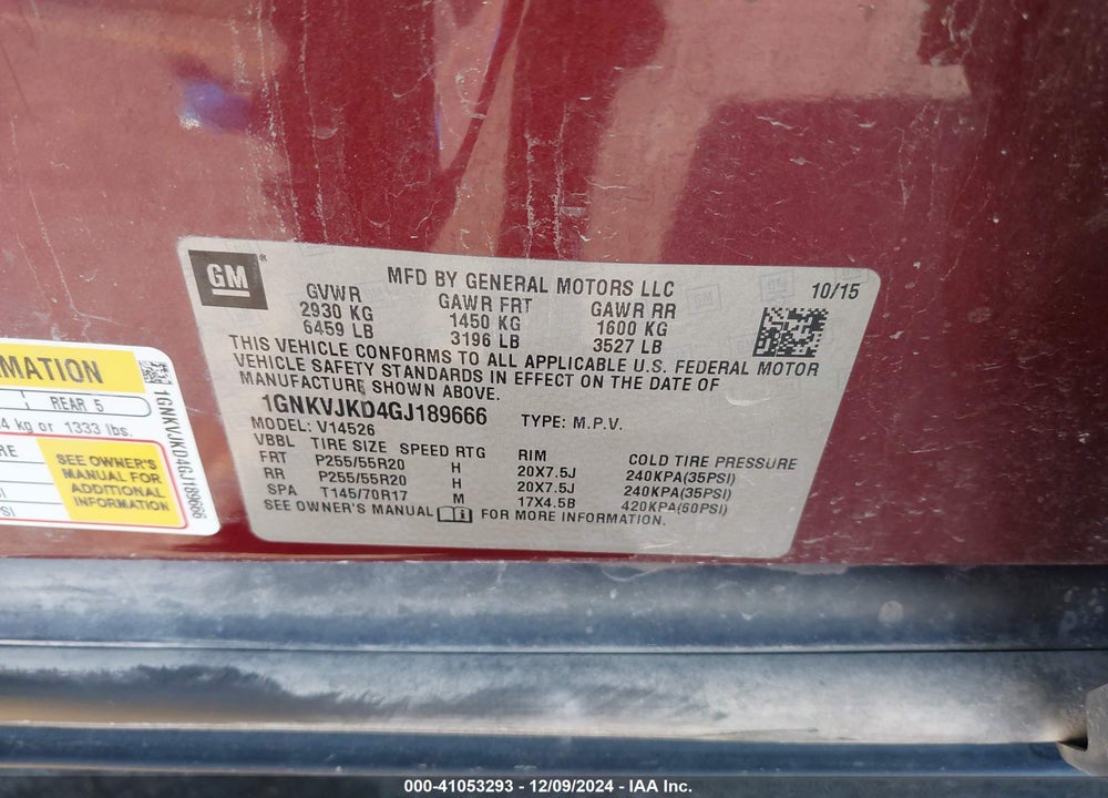 2016 CHEVROLET TRAVERSE LTZ VIN: 1GNKVJKD4GJ189666