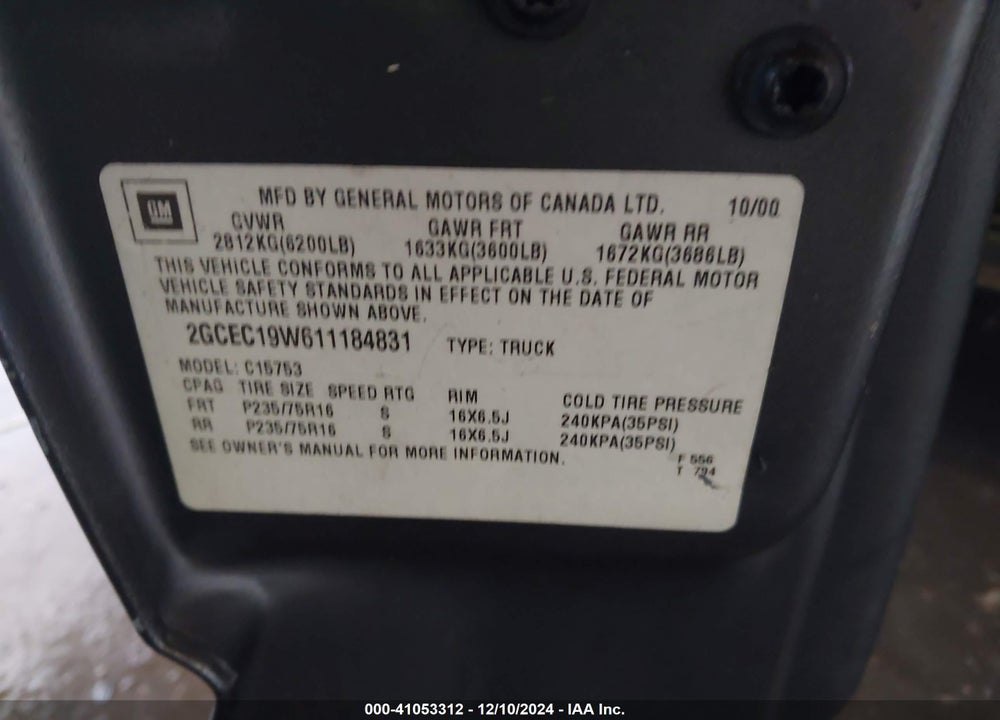 2001 CHEVROLET SILVERADO 1500 VIN: 2GCEC19W611184831