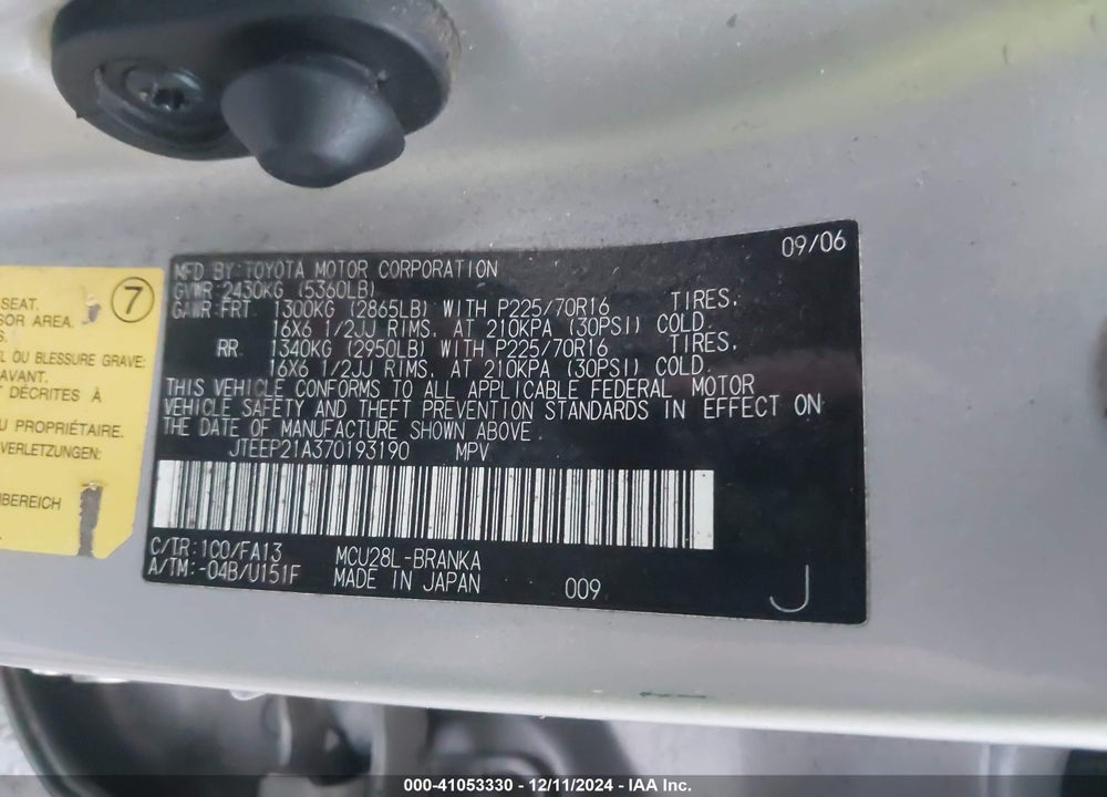 2007 TOYOTA HIGHLANDER V6 VIN: JTEEP21A370193190