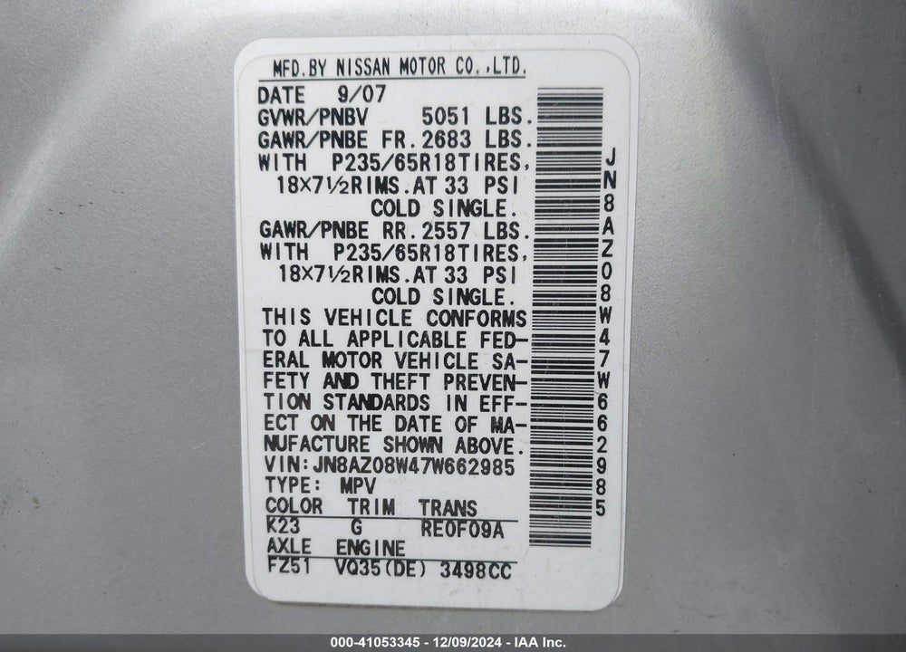 2007 NISSAN MURANO S VIN: JN8AZ08W47W662985