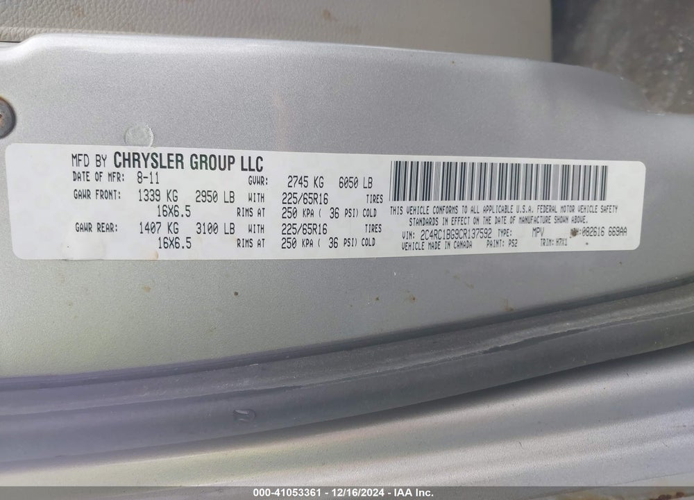 2012 CHRYSLER TOWN & COUNTRY TOURING VIN: 2C4RC1BG9CR137592