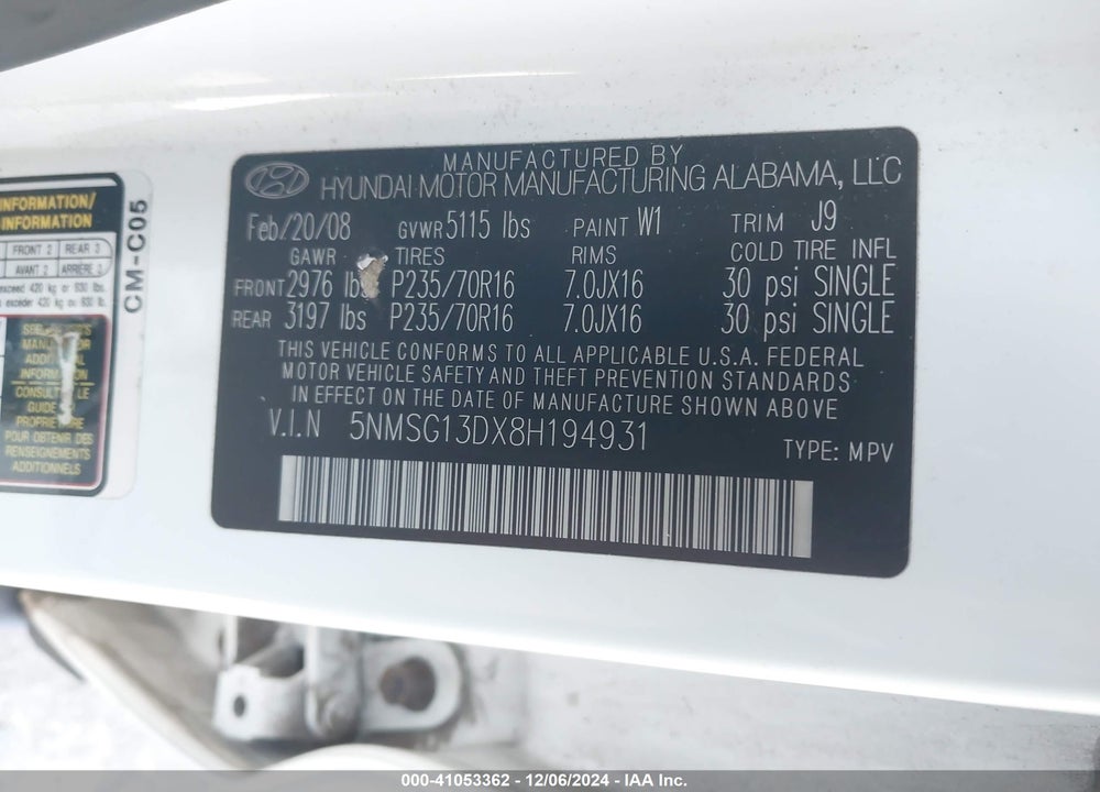 2008 HYUNDAI SANTA FE GLS VIN: 5NMSG13DX8H194931