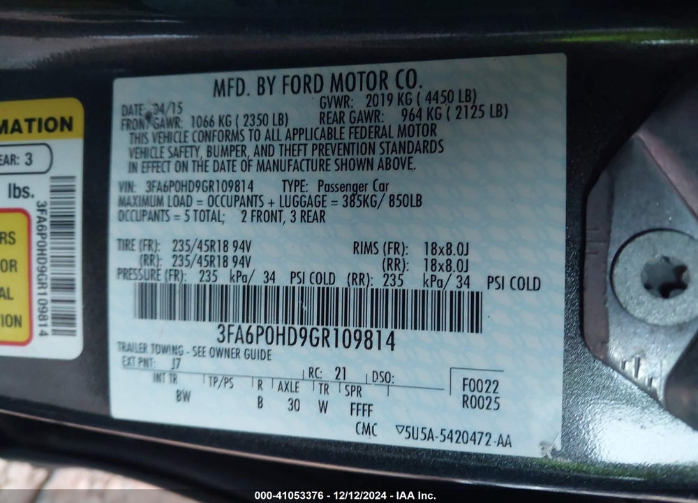 2016 FORD FUSION SE VIN: 3FA6P0HD9GR109814
