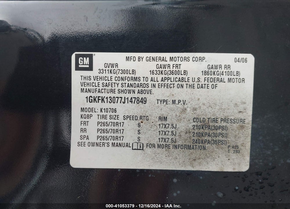 2007 GMC YUKON SLT VIN: 1GKFK13077J147849