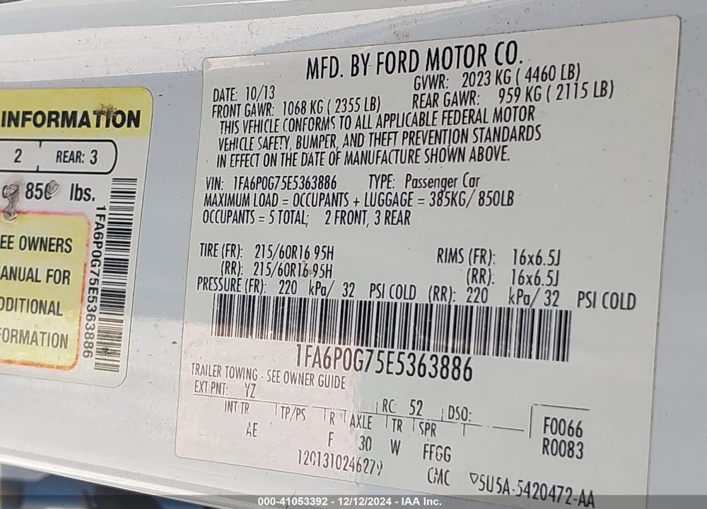 2014 FORD FUSION S VIN: 1FA6P0G75E5363886