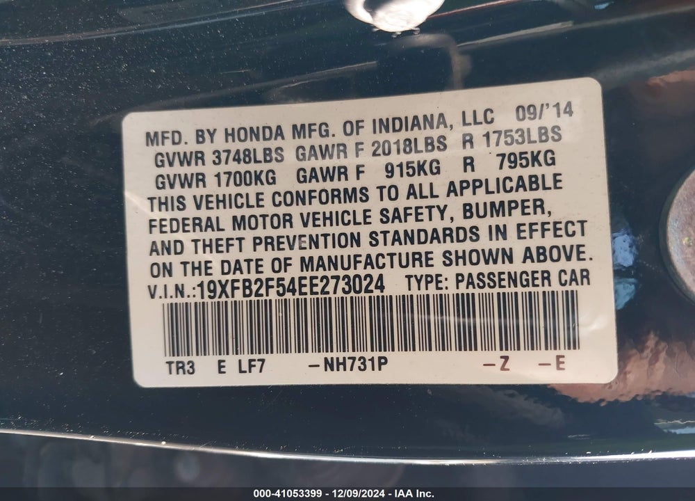 2014 HONDA CIVIC LX VIN: 19XFB2F54EE273024