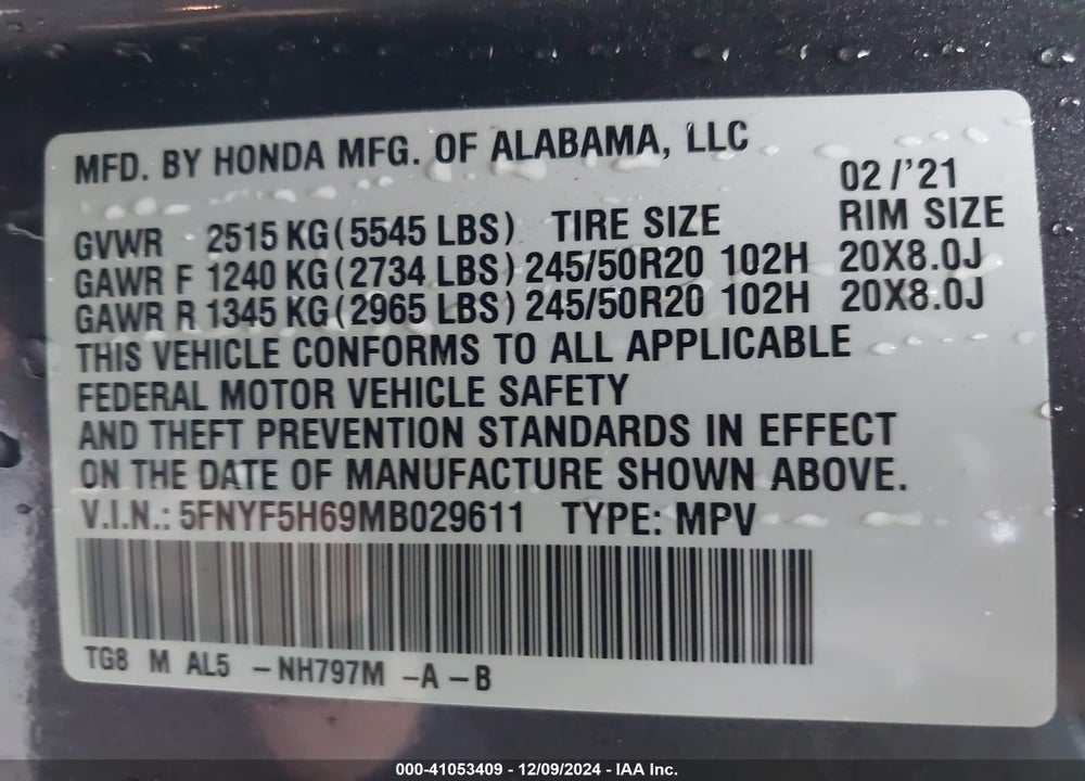 2021 HONDA PILOT 2WD TOURING 7 PASSENGER VIN: 5FNYF5H69MB029611