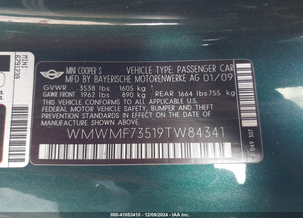 2009 MINI COOPER S VIN: WMWMF73519TW84341