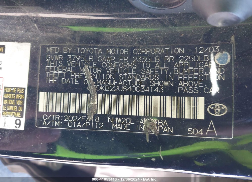 2004 TOYOTA PRIUS VIN: JTDKB22U840034143