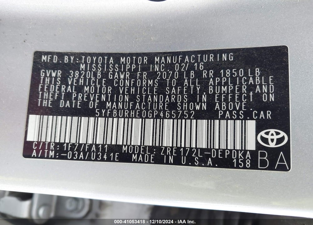 2016 TOYOTA COROLLA L VIN: 5YFBURHE0GP465752