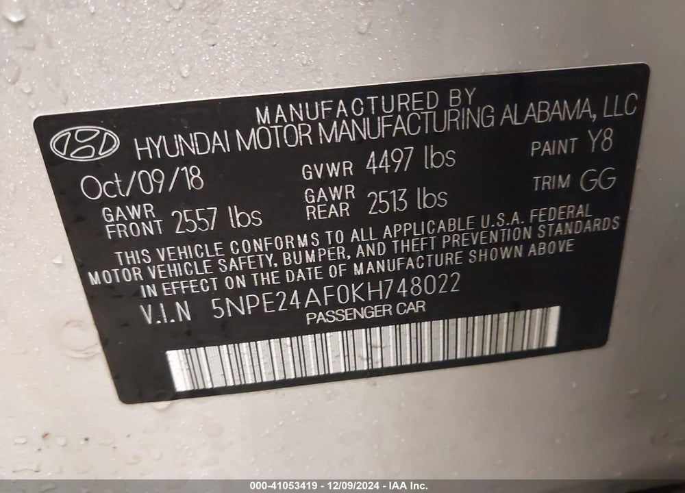 2019 HYUNDAI SONATA SE VIN: 5NPE24AF0KH748022