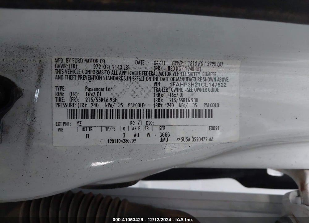 2012 FORD FOCUS SEL VIN: 1FAHP3H21CL147622