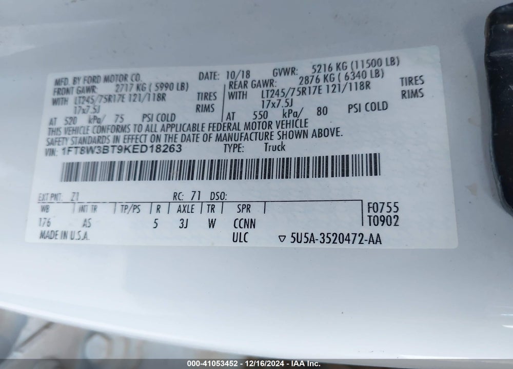 2019 FORD F-350 XL VIN: 1FT8W3BT9KED18263