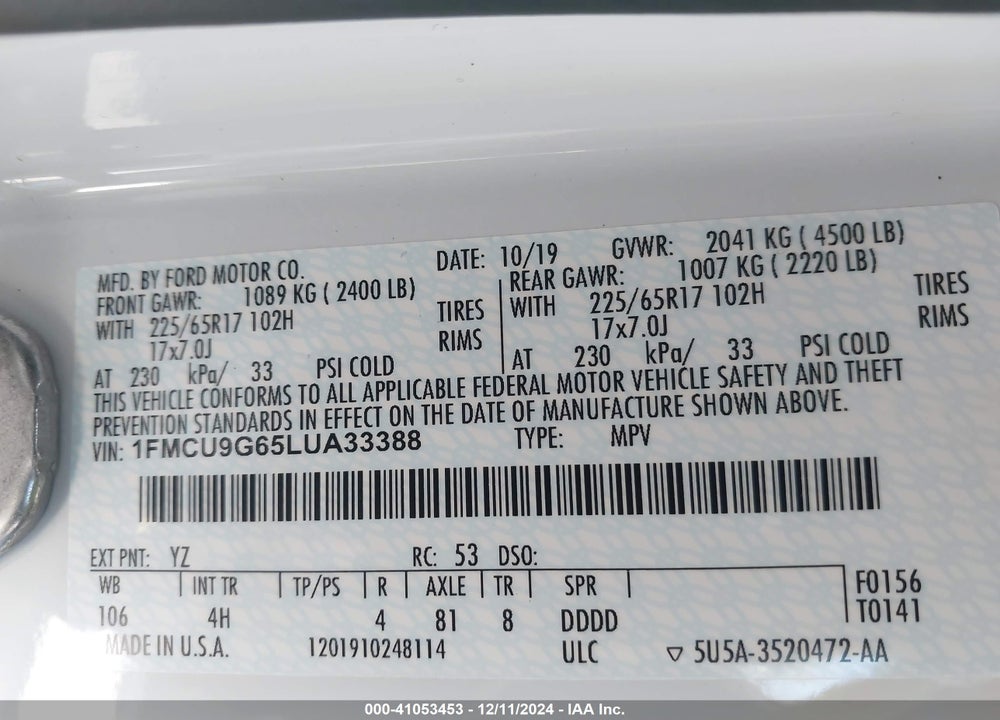 2020 FORD ESCAPE SE VIN: 1FMCU9G65LUA33388