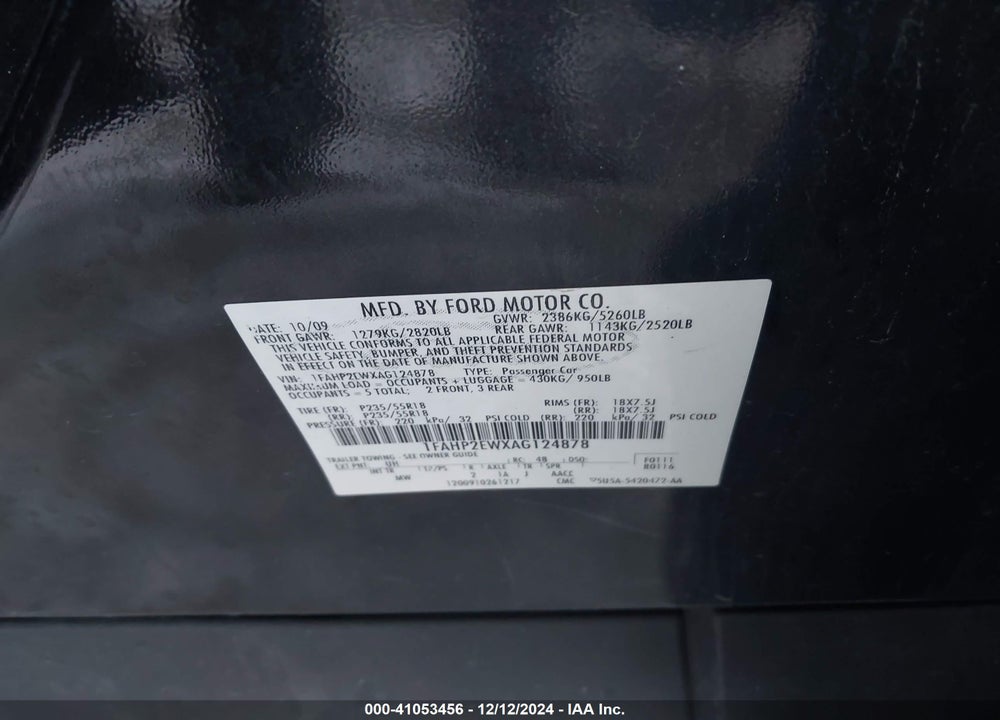 2010 FORD TAURUS SEL VIN: 1FAHP2EWXAG124878