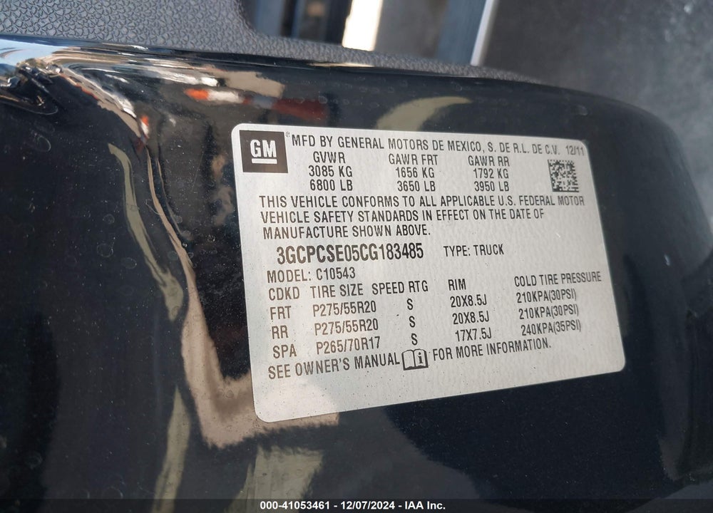 2012 CHEVROLET SILVERADO 1500 LT VIN: 3GCPCSE05CG183485